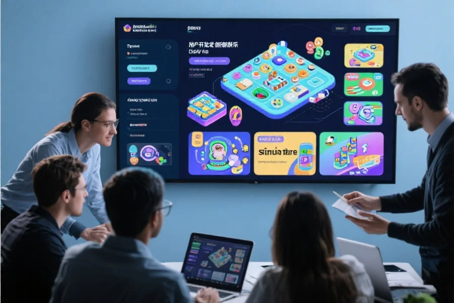 专业团队正在为用户开发全新娱乐产品，屏幕上展示着多样玩法与创新设计